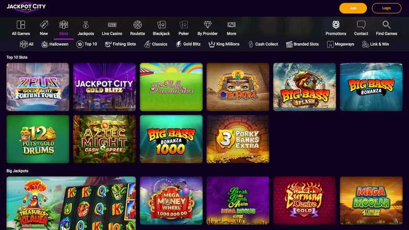 JackpotCity Casino – Sección de juegos y tragamonedas populares